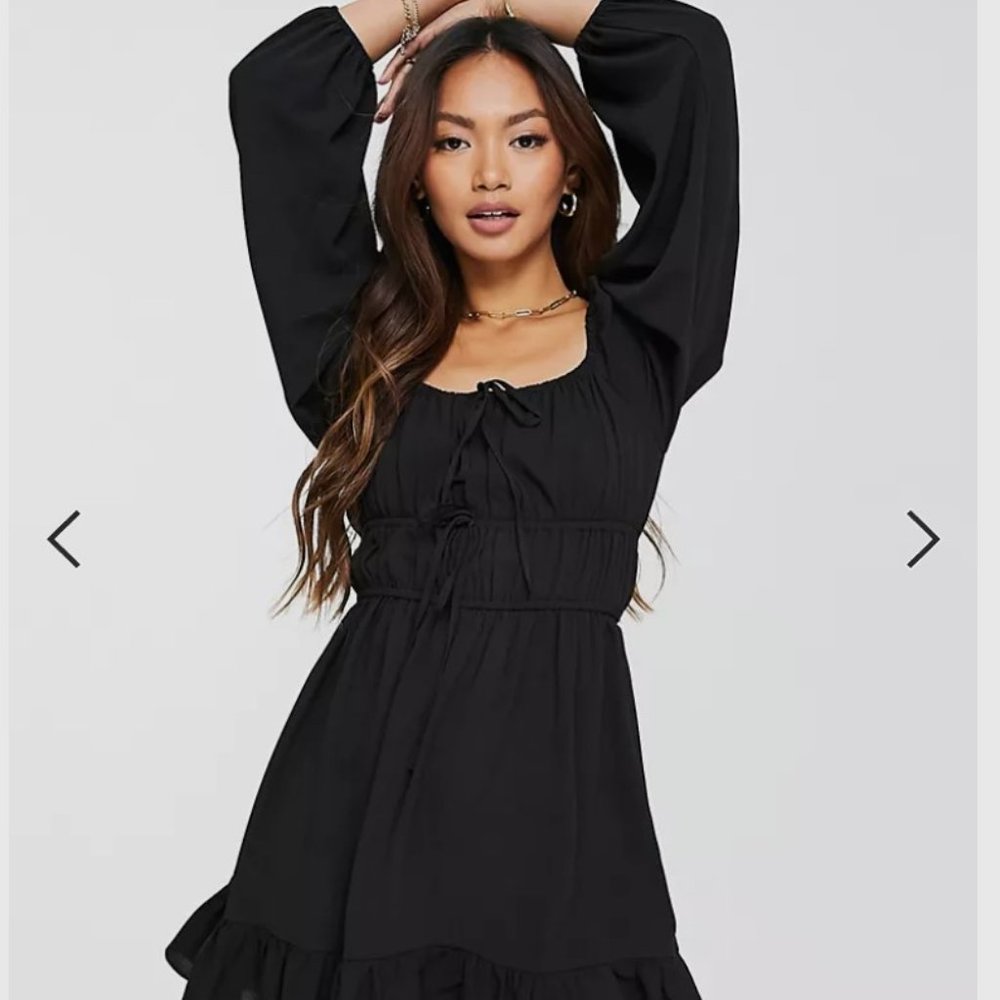 ASOS tie front long sleeve mini tea dress in black